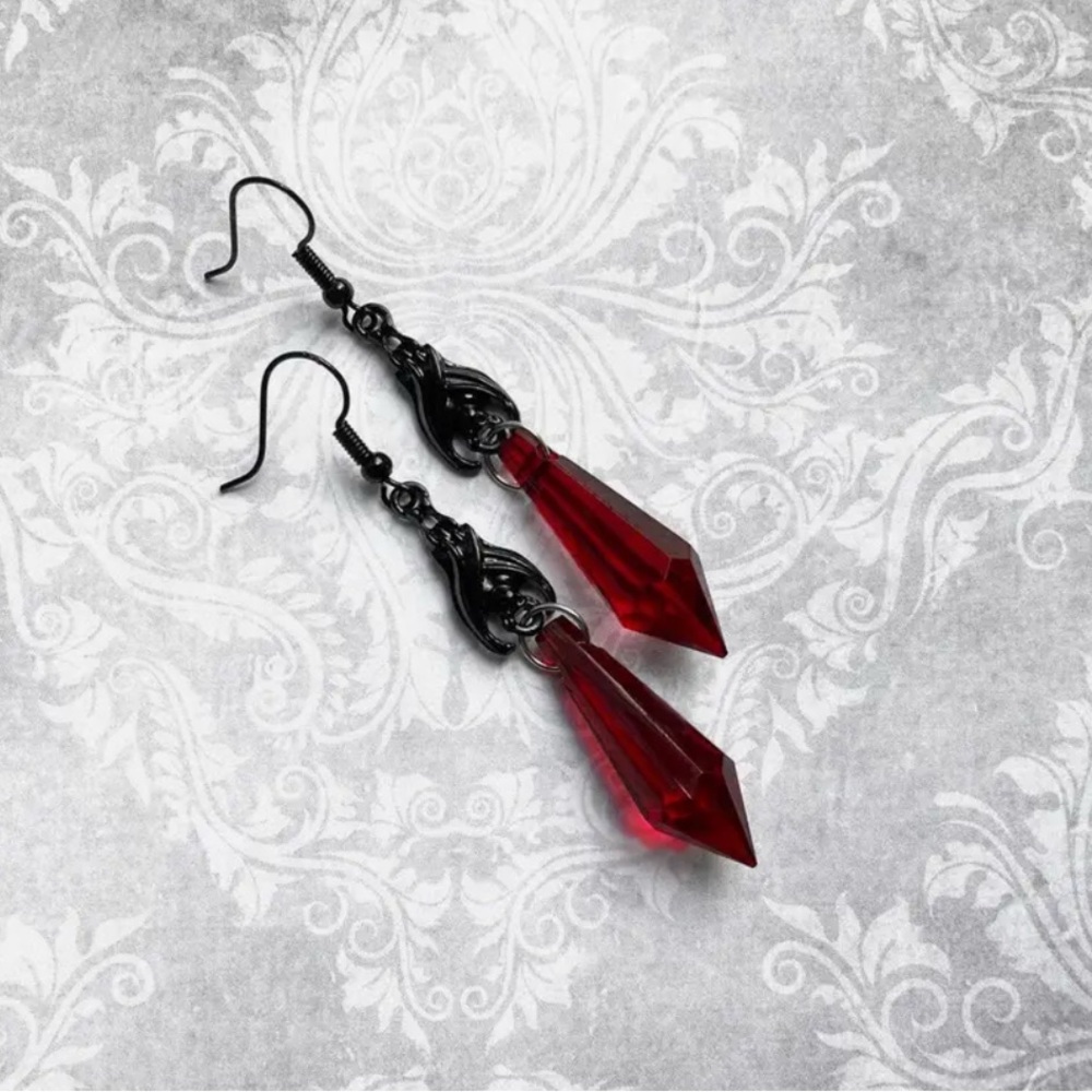 Gothic Black Dangle Drop Earrings with Red Faux Gemstones